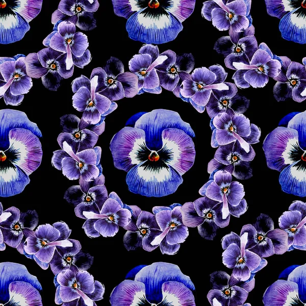 Repeating pattern of purple bloom petunia flowers with arranged zigzag on black — Stock Photo, Image