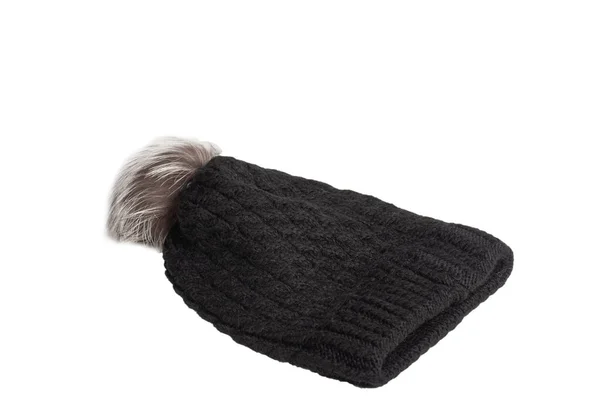 Geïsoleerde Zwarte Unisex Winterhoed Met Bont Pompon — Stockfoto