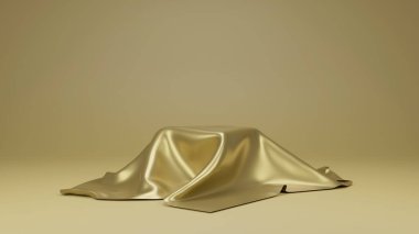 Altın renkli lüks kumaş ya da üst kaideye ya da boş podyum rafına konmuş kumaş. 3d oluşturma.