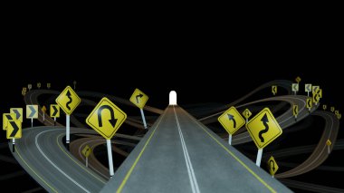 Başarının doğru yolu sarı trafik işaretli doğru stratejik yolu seçmektir. 3 boyutlu illüstrasyon....