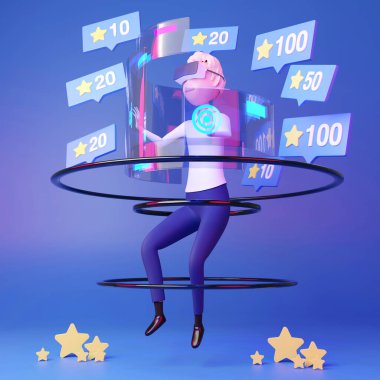 Sanal gerçeklik gözlüğü ve vr arayüzüne dokunarak Şirin Akıcı, 3 boyutlu illüstrasyon.