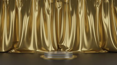 Altın renkli lüks kumaş ya da üst kaideye ya da boş podyum rafına konmuş kumaş. 3d oluşturma.