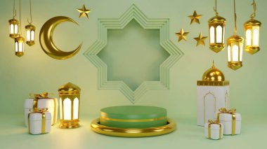 İslami ürün tanıtımı. Podyum, hilal, fener, hediye kutusu. Ramazan, İslam Yeni Yılı. 3B görüntüleme.