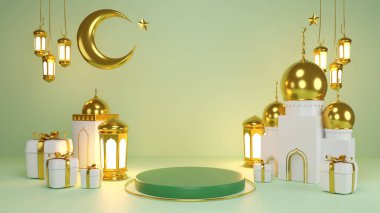 İslami ürün tanıtımı. Podyum, hilal, fener, hediye kutusu. Ramazan, İslam Yeni Yılı. 3B görüntüleme.