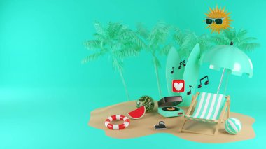 Sahilde çalan 3 boyutlu bir Summer müzik sanatçısı. 3d oluşturma.