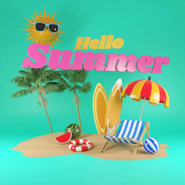 Hello Summer Sale Banner Beach Elements Blue Background Rendering — Stock Photo, Image