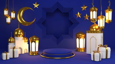 İslami ürün tanıtımı. Podyum, hilal, fener, hediye kutusu. Ramazan, İslam Yeni Yılı. 3B görüntüleme.