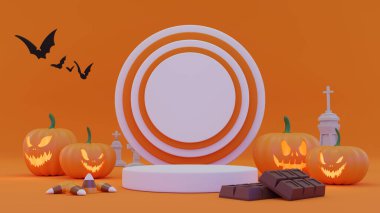 Turuncu arka planda yaya podyumu. Cadılar Bayramı ürün tanıtımı. Soyut ürkütücü 3B canlandırma.