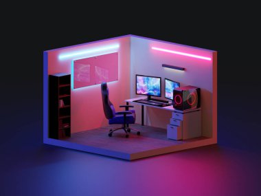 3D render oyun odası izometrik, 3D illüstrasyon