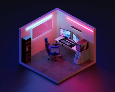 3D render oyun odası izometrik, 3D illüstrasyon