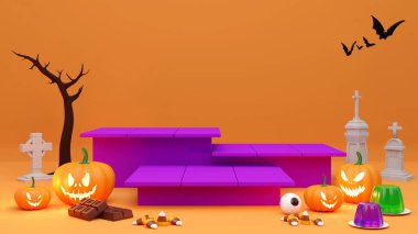 Turuncu arka planda yaya podyumu. Cadılar Bayramı ürün tanıtımı. Soyut ürkütücü 3B canlandırma.