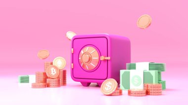 Pembe kasa, bitcoin şifreli paralar ve pembe arka planda dolar desteleri halinde para font görüntüsü. 3d hazırlayıcı