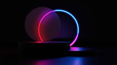 3D koyu mor ve pembe renkte, parlak ve şeffaf cam halkaları olan bir platform. Ürün tasarımı için boş alanı olan geometrik şekiller.