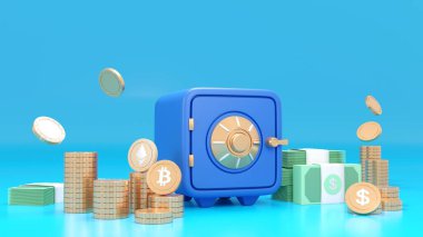 Bitcoin şifreli bozuk paralarla dolu yeşil kasa ve mavi arka planda dolar desteleri halinde para font görüntüsü. 3d hazırlayıcı