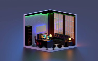 3D render Office oda izometrik, 3D illüstrasyon.