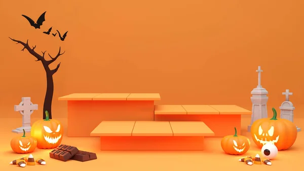 橙色背景的走道讲台 万圣节产品促销活动 抽象恐怖3D渲染 — 图库照片