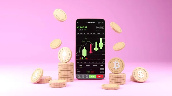 Cryptocurrency Trading Atau Bitcoin Pada Smartphone Dan Pertumbuhan Investasi Data — Stok Foto