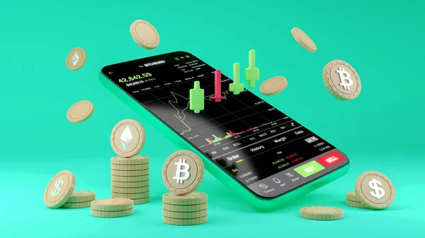 Cryptocurrency Trading Atau Bitcoin Pada Smartphone Dan Pertumbuhan Investasi Data — Stok Foto