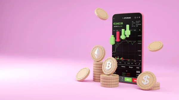 Cryptocurrency Trading Atau Bitcoin Pada Smartphone Dan Pertumbuhan Investasi Data — Stok Foto