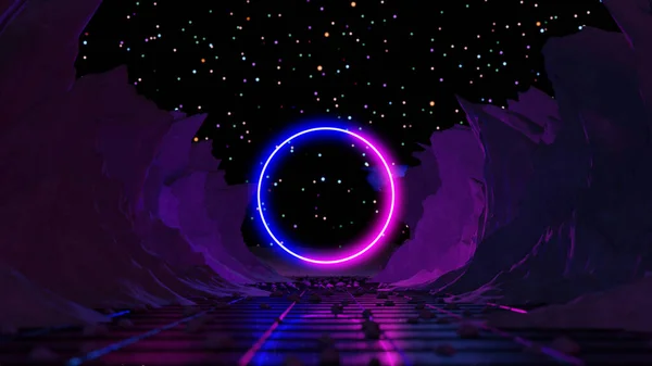 3Dレンダリング 抽象的な背景 宇宙の風景 長方形のポータル ピンクブルーネオン — ストック写真