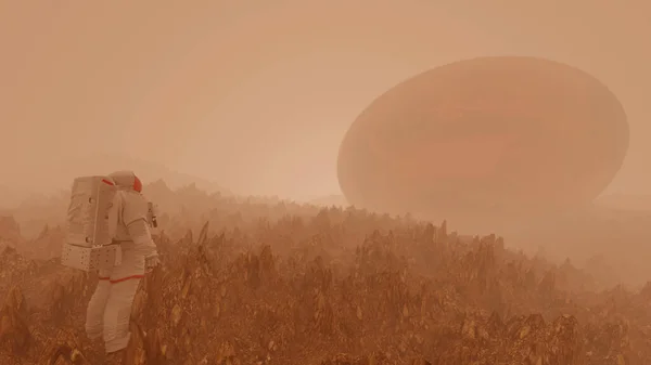 Astronauti Marsu Vesmírní Cestovatelé Zkoumající Červenou Krajinu Rudém Světě Vykreslování — Stock fotografie