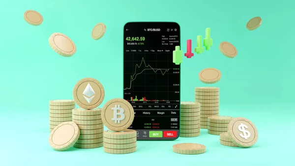 スマートフォン上の暗号化取引またはビットコインと成長株式交換データ情報投資 トレーダーの概念 3Dレンダリング — ストック写真