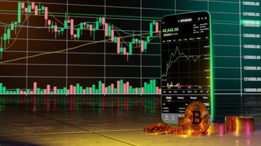 Akıllı telefon ve büyüme borsasında kripto para ticareti ya da bitcoin borsası bilgi paylaşımı yatırımı. Tüccar konsepti. 3d oluşturma.