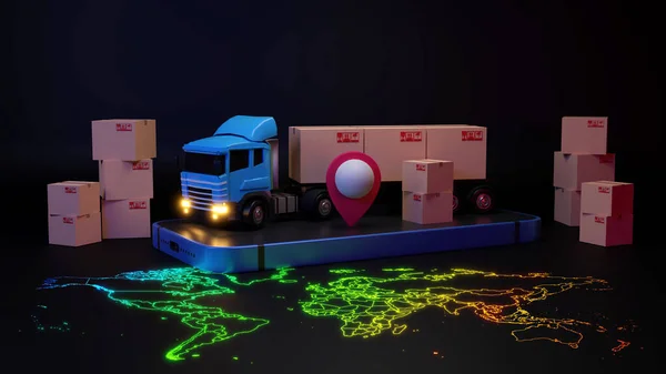 3D送货卡车装有纸板箱 智能手机装有世界地图指针 交付和航运服务概念 — 图库照片