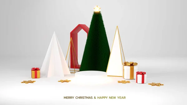 圣诞快乐 新年快乐 抽象最小设计 几何圣诞树 礼品盒 — 图库照片
