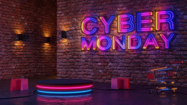 Cyber Monday Neonlicht Leuchtet Podium Auf Backsteinwand Hintergrund Renderin — Stockfoto