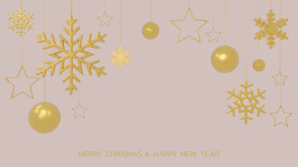 闪烁着金色的雪花 圣诞球和星星在黑色的背景上 三维渲染发光挂圣诞装饰品 新年纪念封或横幅模板 — 图库照片
