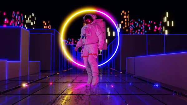 Astronauti Con Luci Neon Sul Paesaggio Cittadino Sifi Rendering — Foto Stock