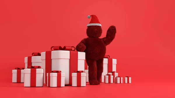 3D渲染 圣诞插图与白色毛茸茸的红色野兽卡通画圣诞老人的帽子和大礼品盒 — 图库照片