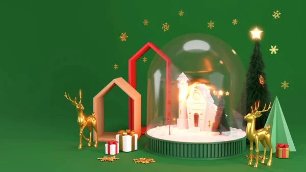 祝您新年快乐 圣诞快乐 圣诞雪球与树和房子 玻璃雪球现实3D渲染 — 图库照片