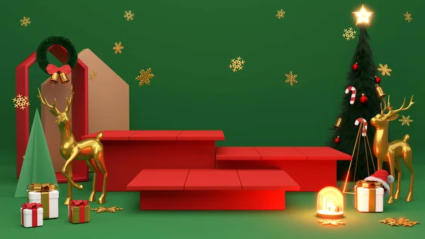 绿色背景的走道讲台 圣诞或新年推广3D渲染 — 图库照片
