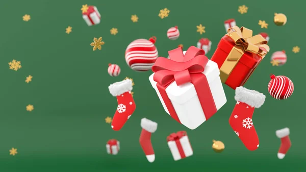圣诞快乐 新年快乐 背景与现实的节日礼品盒 圣诞节礼物 蓝箱坠落效果模糊运动 节日礼物惊喜 圣诞彩球 3D渲染 — 图库照片