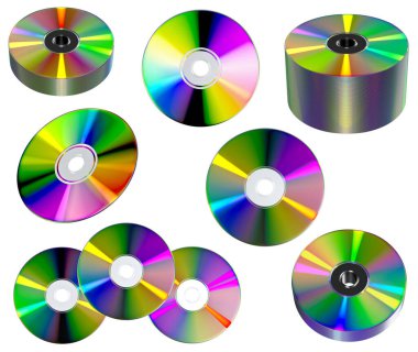 Beyaz arkaplan üzerindeki CD veya DVD disk grubu, 3B İllüstrasyon