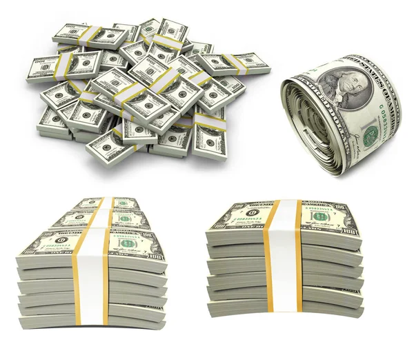 Notas Dólares Americanos Empilham Pacotes Fundo Branco Ilustração — Fotografia de Stock