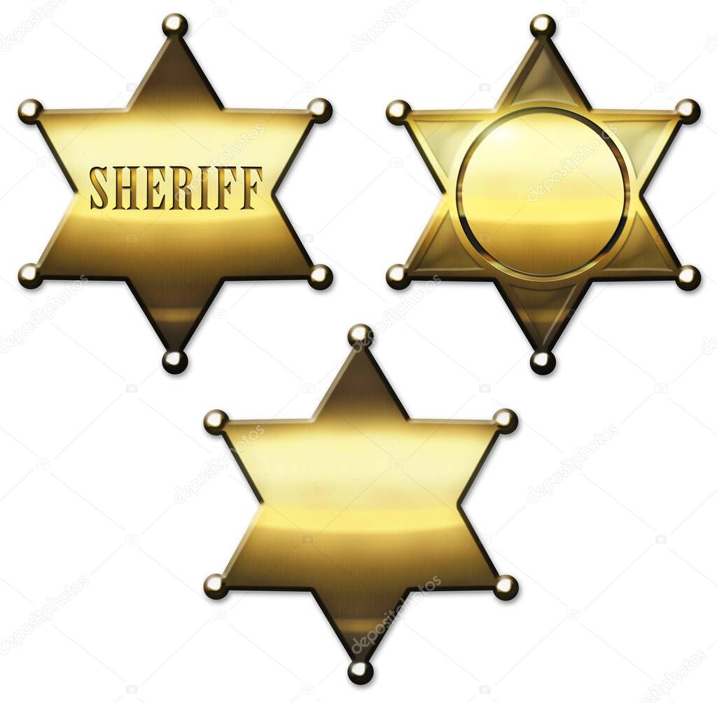 Golden Sheriff Star set - isolated on white background. 3D Illustration