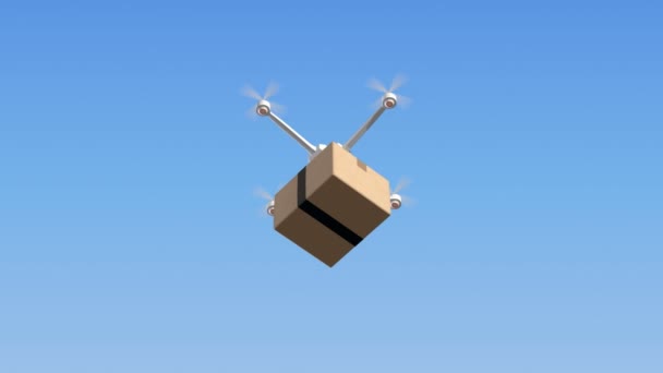 Quadrocopter con paquete de cartón — Vídeos de Stock