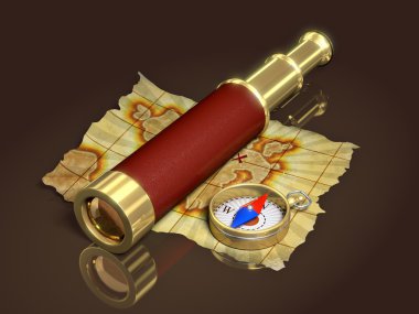 Pusula, spyglass ve eski harita