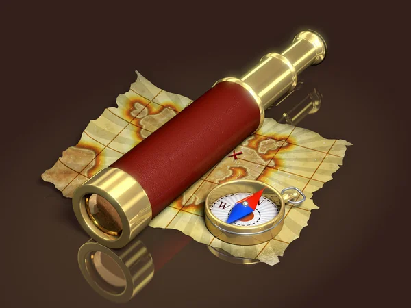 Compass, spyglass and old map — Stock Photo, Image