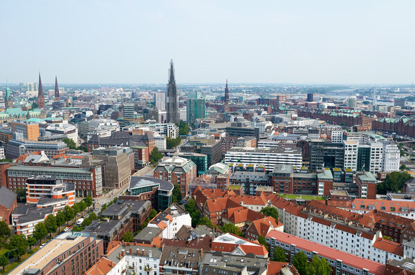 HAMBURG, GERMANY - AUGUST 14, 2015: Aerial view on Hamburg from St. Michael's Church, is the second largest city in Germany