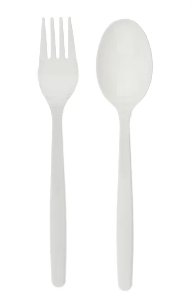 Plastic spoon and fork isolated on white — Stock Photo, Image