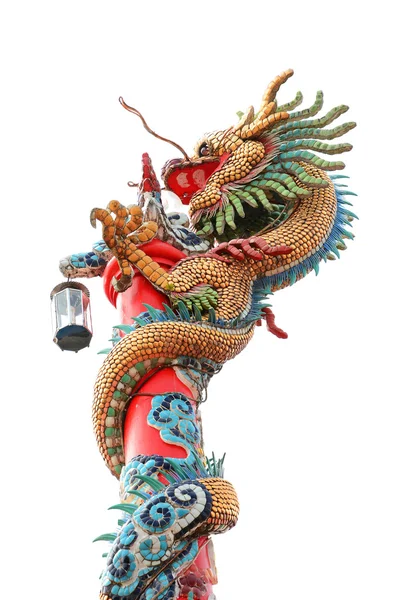 Chinese dragon wrapped around red pole on white — Stock Photo, Image
