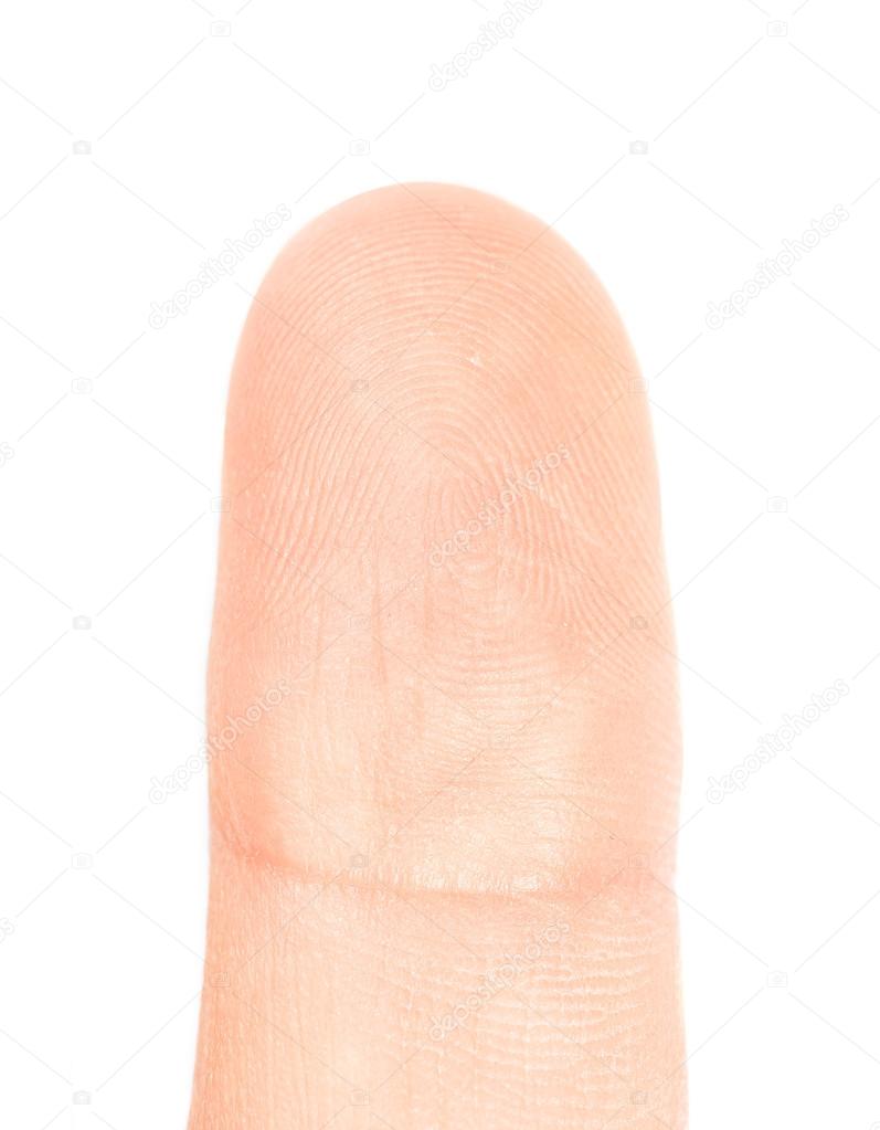 Macro view of a finger print on a human thumb on white