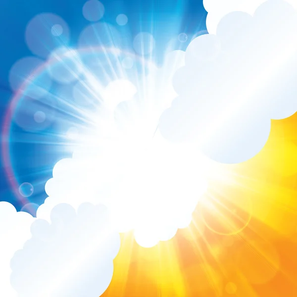 Beautiful sun ray in the clouds orange blue background — Stock Vector