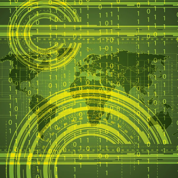 Résumé tech binaire vert fond mondial — Image vectorielle
