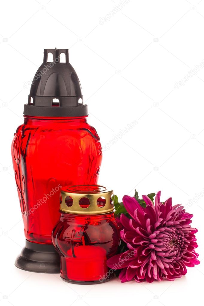  grave candle  lantern with flowers isolated on white