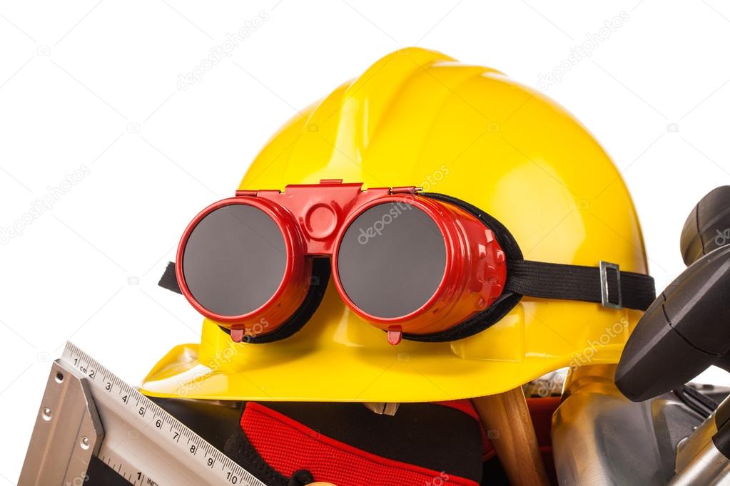 yellow helmet and wood mounting tools 